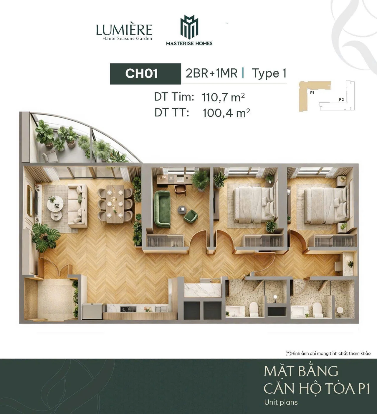Layout 3D Toà L1 căn CH-01 — 2BR+1MR Type 1, 110,7 m² tim tường, căn góc
