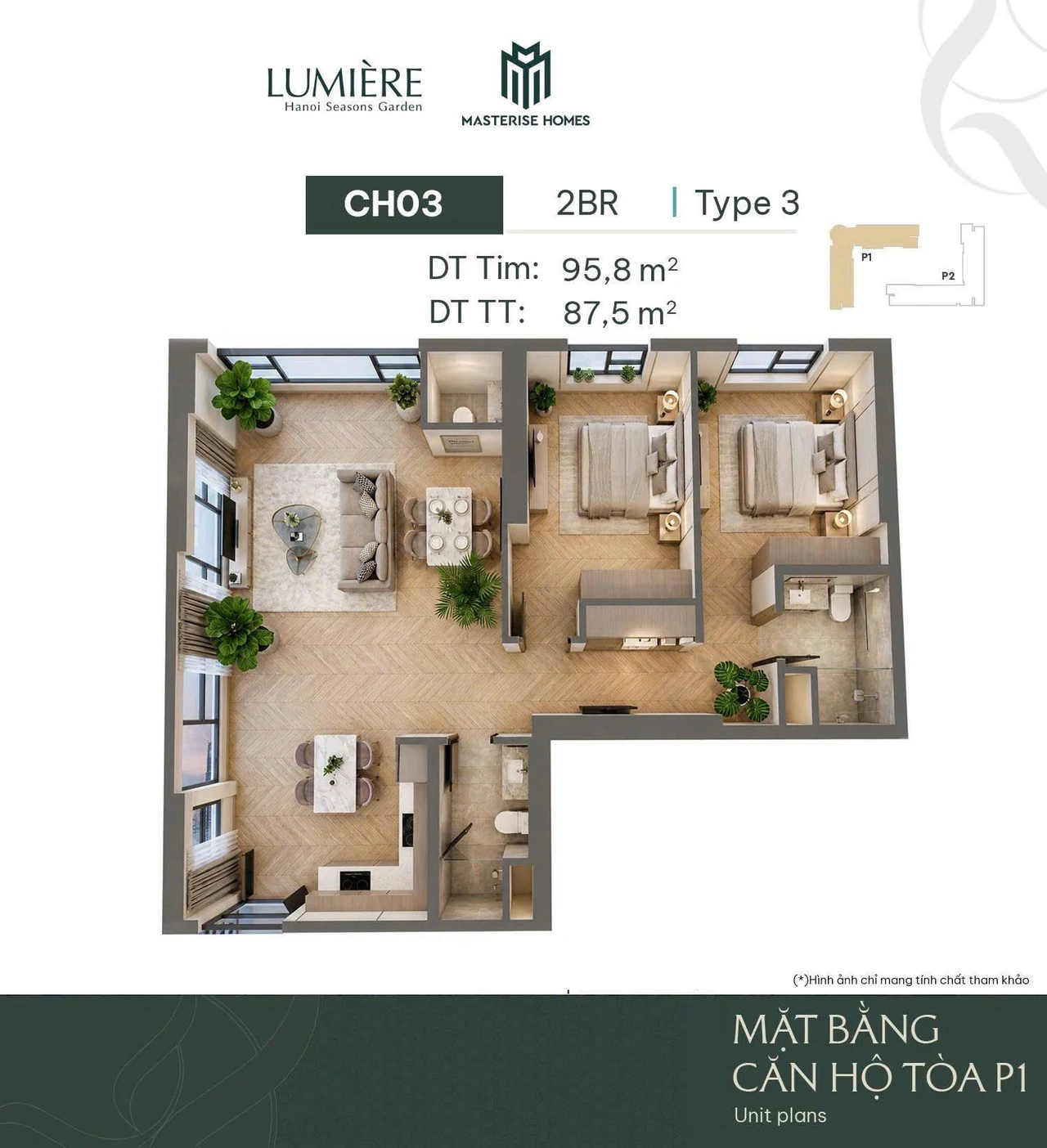 Layout 3D Toà L1 căn CH-03 — 2BR Type 3, 95,8 m² tim tường