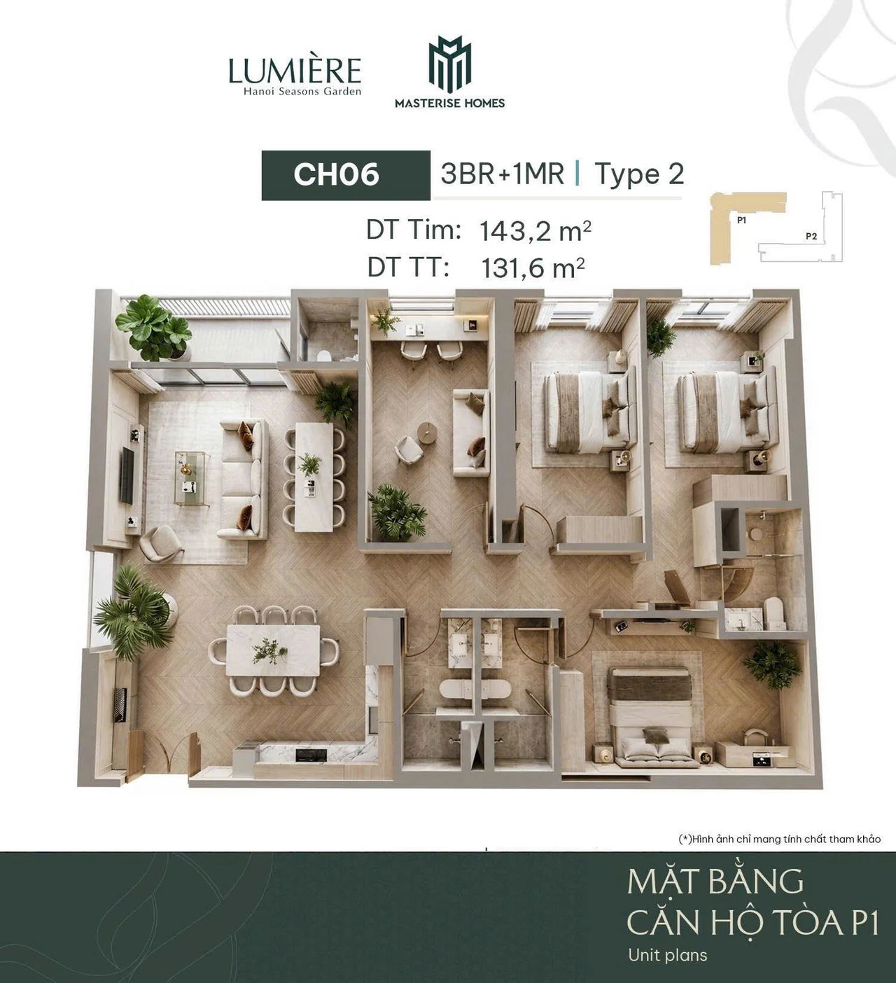 Layout 3D Toà L1 căn CH-06 — 3BR+1MR Type 2, 143,2 m² tim tường, căn góc signature