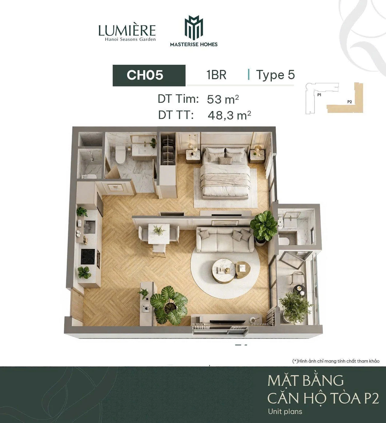 Layout 3D Toà L2 căn CH-05 — 1BR Type 5, 53 m² tim tường