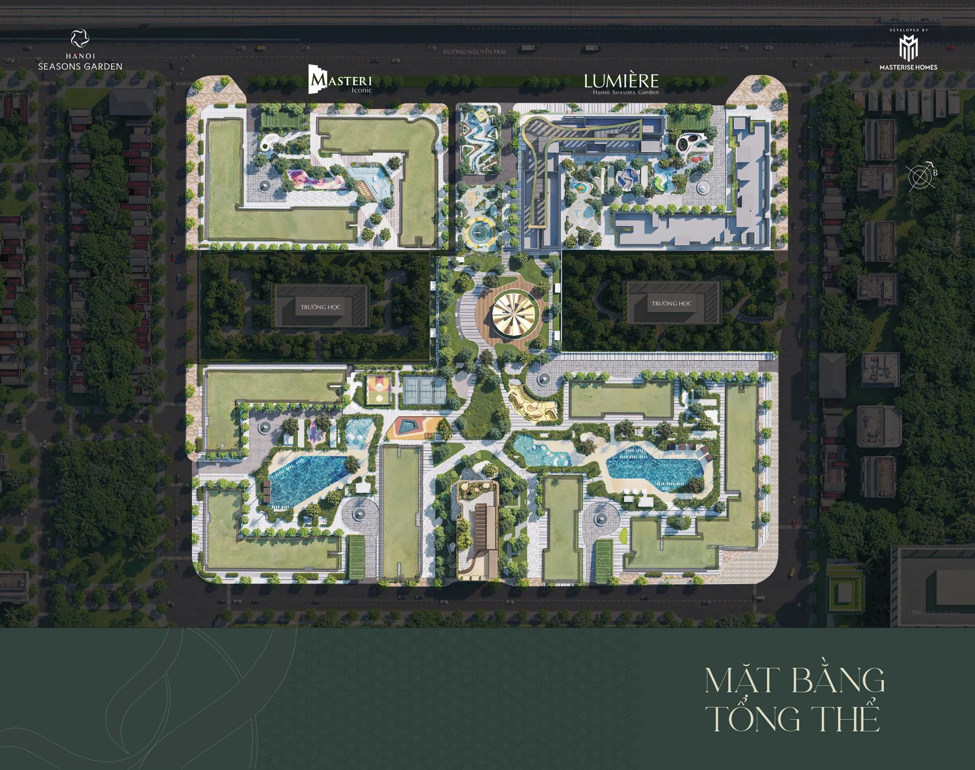 Mặt bằng tổng thể Hanoi Seasons Garden — Masteri Iconic & LUMIÈRE với 2 trường học, hồ bơi và cảnh quan trung tâm